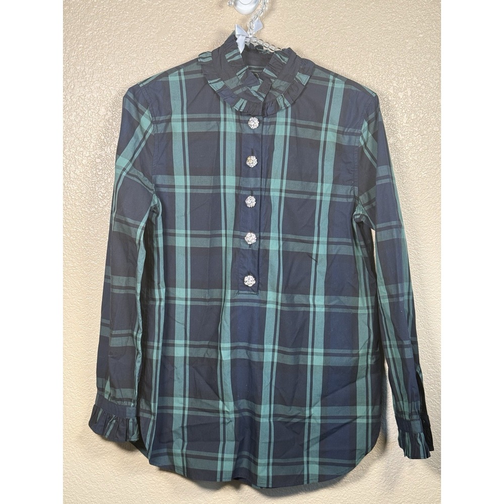 NWT J. Crew Reimagined Womens Green & Navy Size 0 Plaid Cotton Blouse